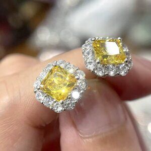 18k White Gold Citrine Diamond Earrings Princess Cut Flower Stud earrings